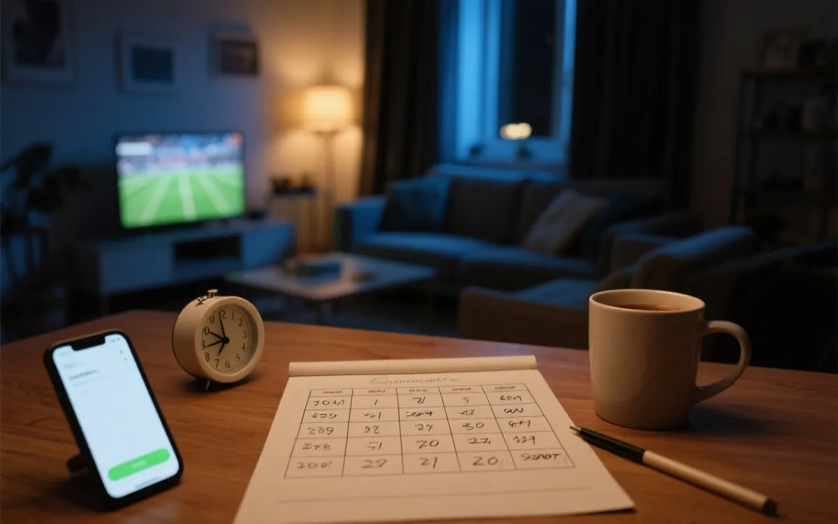 熬夜观赛的作息规划示意：闹钟、咖啡与补觉时间块